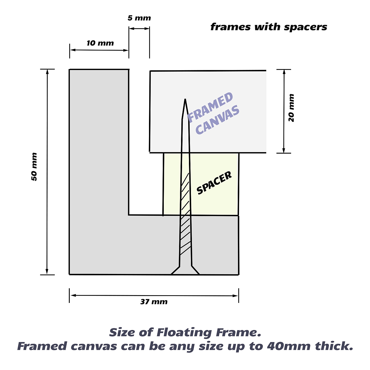 Barocco - Float Silver Moulding Frame (Shadow Box Frame), DIY Canvas kit | Drawing_for_floating_frame_with_20mm_canvas.jpg